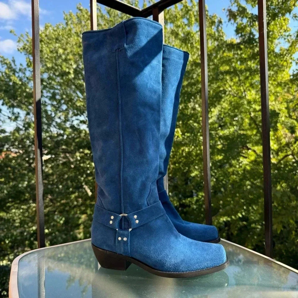 New Free People Suede Knee-High Moto Boots Lockhart Blue Womens Size 6 - Picture 14 of 16